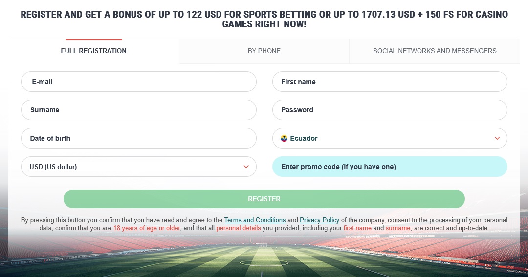 22BET registration form: one-click, by phone, by e-mail or social networks